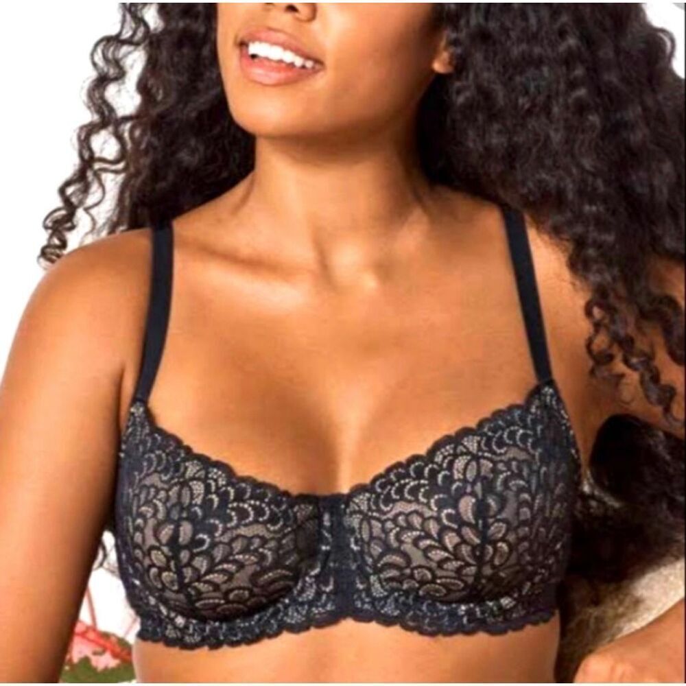 True &โCo Gramercy Balconette Bra 34C Black Lace Nude Lining Underwire Lingerie
